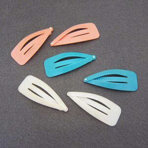 1970's vintage CLIC CLAC hair clips, 2" pink/teal/white plastic snap clips, SOFT hold, set of 6