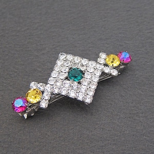 1970&#39;s vintage hair clip, 2.8&quot; silver-tone fancy GEOMETRIC BARRETTE w/ Swarovski multicolor rhinestones, made in FRANCE, automatic clasp