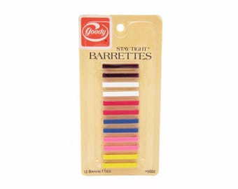 SMALL 1975 vintage GOODY 1.5&quot; Stay-Tight barrettes, MULTICOLOR plastic hair clips w/ metal clasps, set of 12, new-in-package
