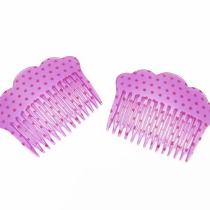 1970&#39;s vintage side hair comb PAIR, 3.1&quot; pearly LILAC PURPLE plastic, red daisy dot print, scallop-border top, made in France, new-old-stock