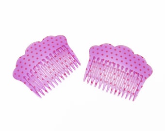 1970's vintage side hair comb PAIR, pearly lilac purple plastic, red daisy dot print, scallop-border top, made in France, new-old-stock