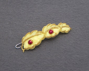 1950's TIP-TOP vintage barrette hair clip, yellow plastic leaves & LADYBUGS, gold accents, new-old-stock, wire clasp, leaf barrette