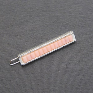 1950&#39;s vintage barrette hair clip, 1.9&quot; RIBBED silver tone plastic SKINNY barrette w/ blush PINK inset, wire clasp
