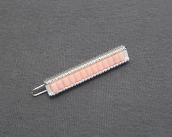 1950's vintage barrette hair clip, 1.9" RIBBED silver tone plastic SKINNY barrette w/ blush PINK inset, wire clasp