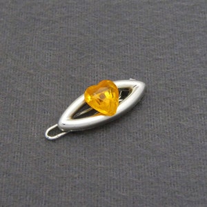 TINY 1950's vintage doll hair clip, 1.1" silver tone plastic barrette w/ translucent amber jewel heart, wire clasp