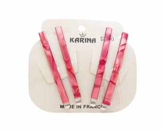 KARINA 1980's vintage bobby pins, 2.3" pearlescent PEONY pink hair pins, set of 4, new-old-stock, made in FRANCE