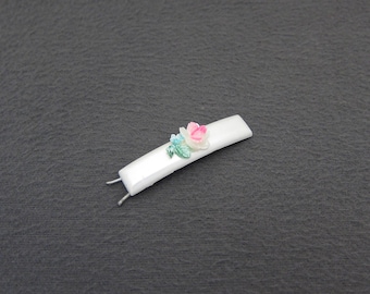 1950's TIP-TOP vintage floral hair clip, 2" pearly white plastic barrette w/ pink stemmed ROSE, pinch-wire clasp