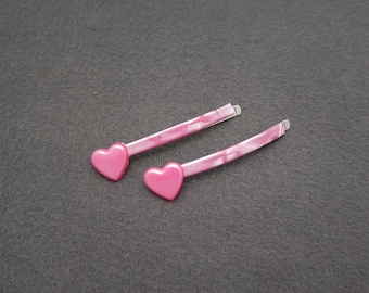 1980's vintage HEART bobby pin pair, 2.4" pearlescent PINK hair pins, left sided, new-old-stock, made in FRANCE