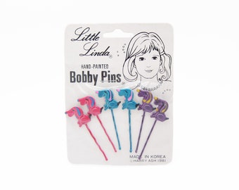 1980's vintage bobby pins, set of 6 hand-painted red/teal/purple HOUND DOG hair pins, new-old-stock, Little Linda bobby pins