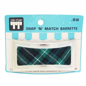 1960&#39;s TIP-TOP vintage &quot;Snap N Match&quot; barrette, LARGE 3.8&quot; gold/silver tone plastic hair clip w fabric swatches, pinch wire clasp