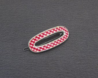 1950's GOODY vintage barrette, 2.2" silver-plated plastic oval hair clip w/ RED GINGHAM inset