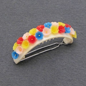 1950's vintage floral PONYTAIL HOLDER barrette, white plastic hair clip w/ MULTICOLOR flowers, wire clasp