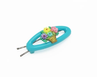 1950's TIP-TOP vintage barrette hair clip, aqua blue plastic oval ring, multicolor flower basket, pinch-wire clasp