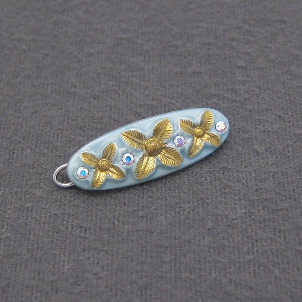 1960's TIP-TOP vintage barrette hair clip, PETITE pearly light blue plastic oval, gold accents, Swarovski rhinestones, wire clasp