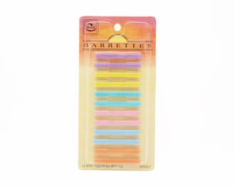 1980&#39;s vintage GOODY 2&quot; Stay-Tight barrettes, PASTEL multicolor plastic hair clips w/ metal clasps, set of 12, new-in-package