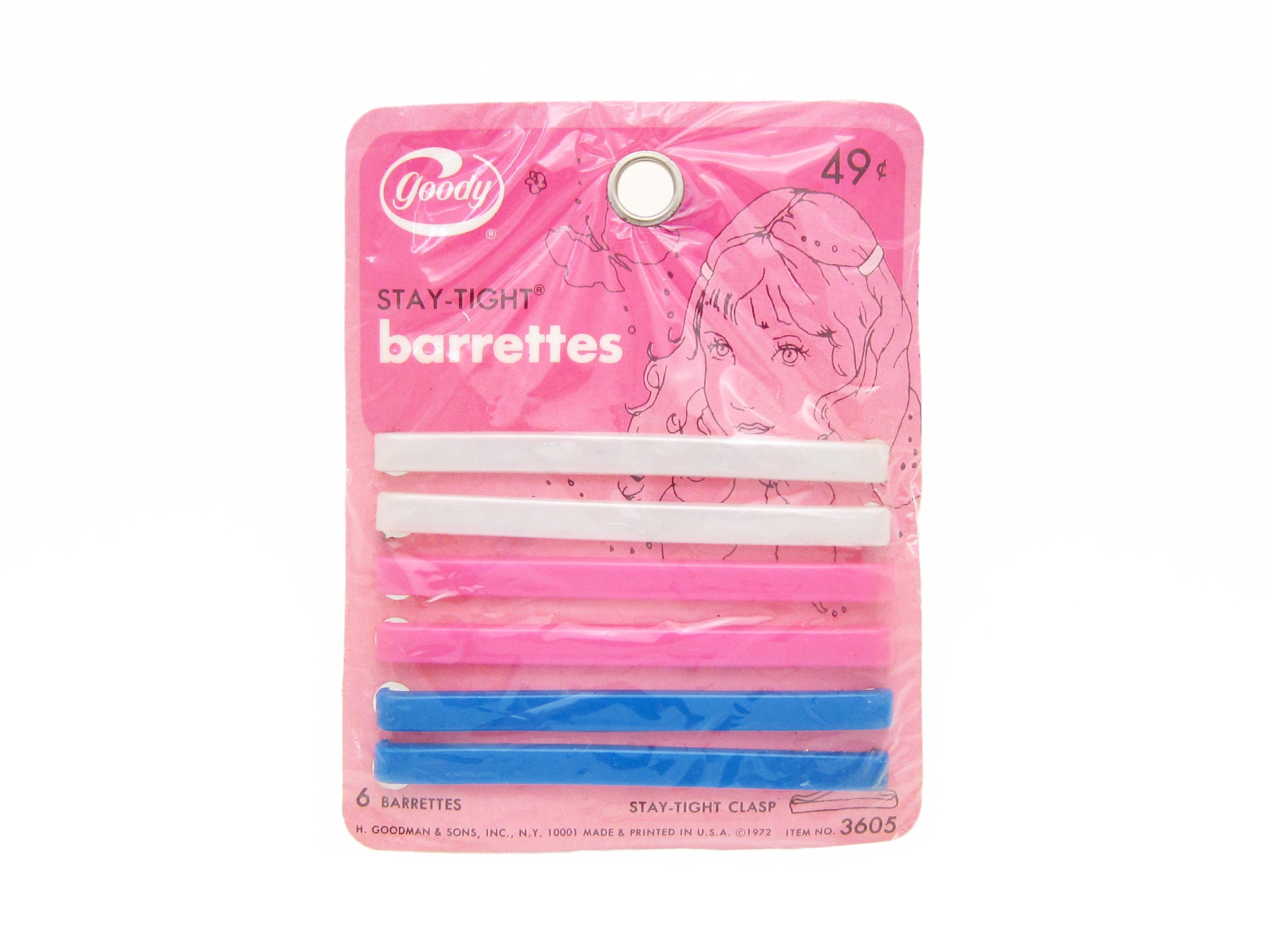 1972 vintage GOODY 3" Stay-Tight barrettes, pearl white/pink/blue plastic hair clips w/ metal clasps, set of 6, OPEN package, READ below