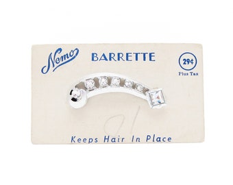 1950's NEMO vintage rhinestone hair clip, 2" silver-tone metal FANCY BARRETTE w/ crystal rhinestones, new-old-stock, pinch wire clasp