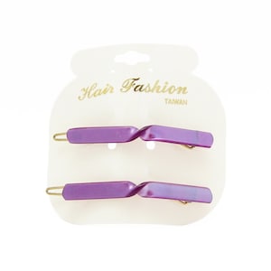 1970&#39;s vintage SKINNY hair clip PAIR, 2.3&quot; PURPLE moonglow cellulose acetate barrettes, new-old-stock, tige boule wire clasp