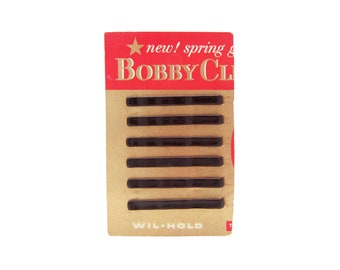 1950's WIL-HOLD vintage "Bobby Clips" bobby pins, 2.1" dark brown hair pins, set of 6, new-old-stock