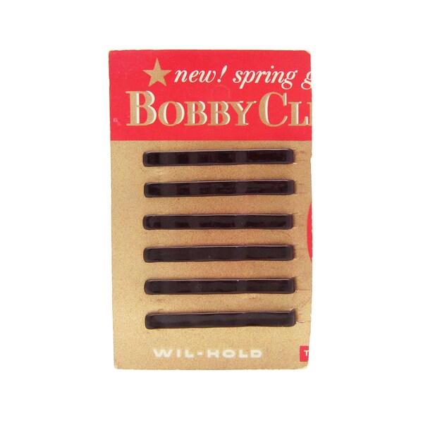 1950's WIL-HOLD vintage "Bobby Clips" bobby pins, 2.1" dark brown hair pins, set of 6, new-old-stock