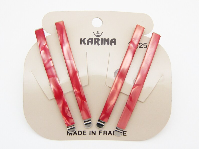 KARINA 1980's vintage bobby pins, 2.3 pearlescent SALMON hair pins, set of 4, new-old-stock, made in FRANCE image 3