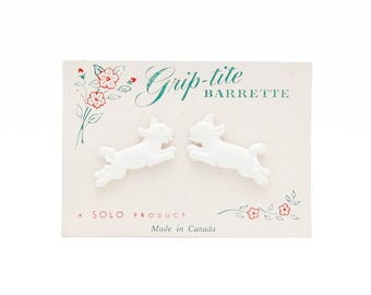 SMALL 1950's SOLO vintage girls hair clip pair, 1.4" white plastic PUPPIES barrettes, new-old-stock, wire clasp, dog lover gift