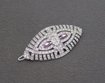 1990's vintage rhinestone hair clip, 2.6" silver-tone metal fancy FILIGREE barrette w/ crystal rhinestones, tige boule wire clasp