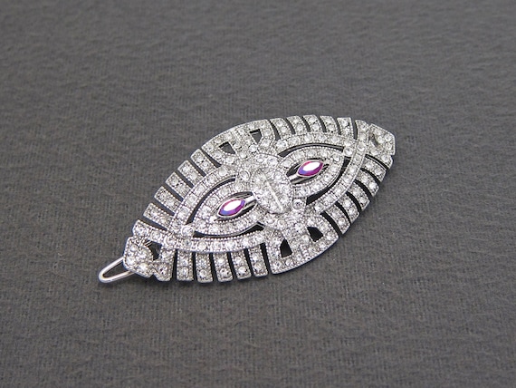 1990's vintage rhinestone hair clip, 2.6" silver-… - image 1