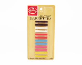 SMALL 1982 vintage GOODY 1.5&quot; Stay-Tight barrettes, MULTICOLOR plastic hair clips w/ metal clasps, set of 12, open package