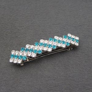 1980&#39;s vintage hair clip, 3&quot; silver-tone metal barrette w/ teal (blue zircon) & crystal rhinestones, made in FRANCE, automatic clasp