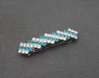 1980's vintage hair clip, 3" silver-tone metal barrette w/ teal (blue zircon) & crystal rhinestones, made in FRANCE, automatic clasp