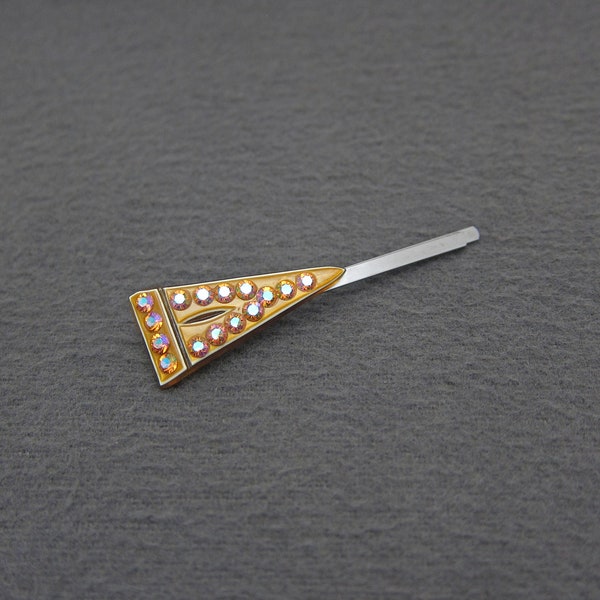 1920's vintage Art Deco bobby pin, 2.1" amber yellow CELLULOID triangle hair pin w/ topaz AB rhinestones, antique jewel hair clip