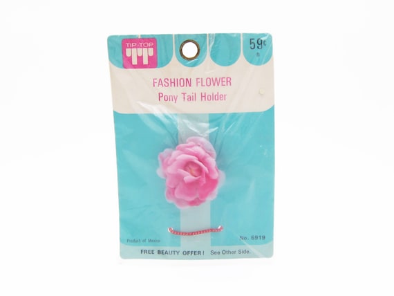 TIP TOP vintage 1960's pony tail holder, pink plastic ROSE ponytail tie, new-in-package