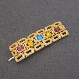1960&#39;s RIVIERA vintage hair clip, 3&quot; textured gold-tone metal FANCY barrette w/ multicolor Swarovski emerald-cut rhinestones, C-clasp