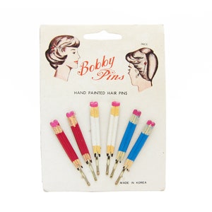 1960&#39;s vintage PENCIL bobby pins, set of 6 MUILTICOLOR (red/white/blue) pencil hair pins, hand-painted metal, new-old-stock