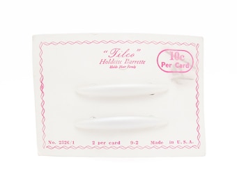 1950's TILCO vintage HOLDETTE barrette pair, 1.8" pearly white plastic hair clips, new-old-stock, metal clasp