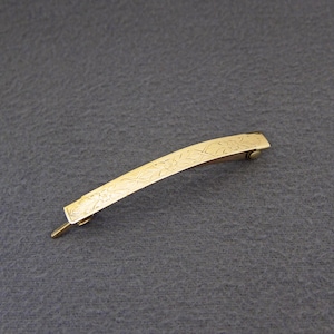 1910&#39;s Art Nouveau era ANTIQUE barrette, 2.6&quot; gold-tone FLORAL engraved brass hair clip w/ C-clasp