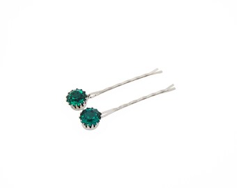 1970's vintage FANCY bobby pins, 2.4" silver tone EMERALD GREEN crown-set rhinestone hair pins