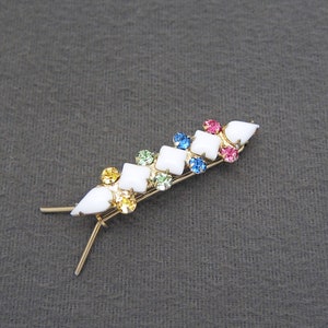 1960&#39;s vintage hair clip, 1.9&quot; gold-tone metal FANCY barrette w/ white MILK GLASS & pastel Swarovski rhinestones, pinch-wire clasp