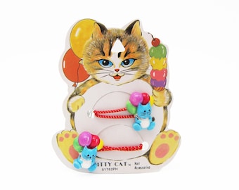 1980's KITTY CAT vintage pony tail holder pair, small turquoise blue kitten with BALLOONS ponytail ties, new-old-stock, cat lover gift