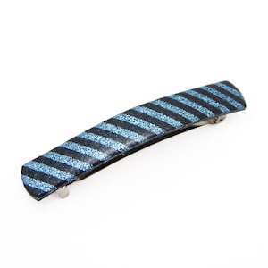 EXTRA-LARGE 1980&#39;s vintage barrette hair clip, blue/black diagonal stripe GLITTER barrette, made in France, new-old-stock, automatic clasp