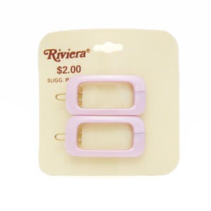 1970&#39;s RIVIERA vintage barrette pair, 1.5&quot; pearly LILAC plastic cutout rectangle hair clips w/ wire clasp, made in FRANCE, new-old-stock