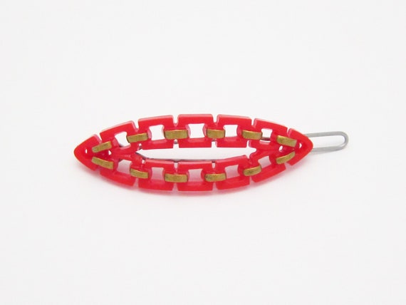 1950's vintage hair clip, 2" red plastic faux CHA… - image 3