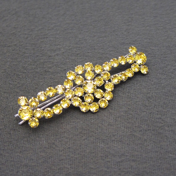 1960's GARNE JEWELRY vintage hair clip, 2.8" silver-tone metal cutout flower barrette w/ SWAROVSKI light topaz rhinestones, pinch wire clasp