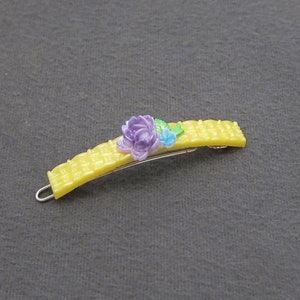 1950's vintage barrette hair clip, 2.2" pearly yellow plastic bars, basket-weave texture, LAVENDER purple stemmed rose, wire clasp