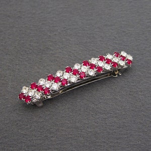 1980's vintage RHINESTONE hair clip, 3" silver-tone metal barrette w/ Siam red & crystal rhinestones, made in FRANCE, automatic clasp