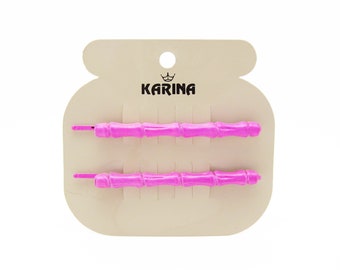 1980's KARINA vintage bobby pin PAIR, 2.3" hot pink metal BAMBOO hair pins, new-old-stock