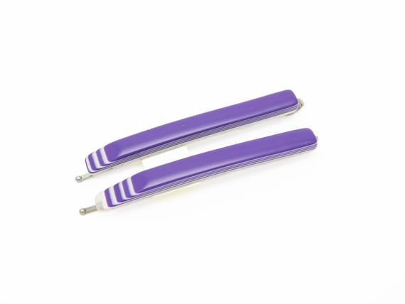 1980's vintage bobby pin PAIR, purple/white stripe