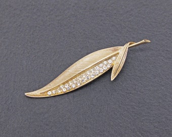 1960's vintage LADY ELLEN rhinestone hair clip, 3.1" textured gold-tone leaf w/ crystal rhinestones