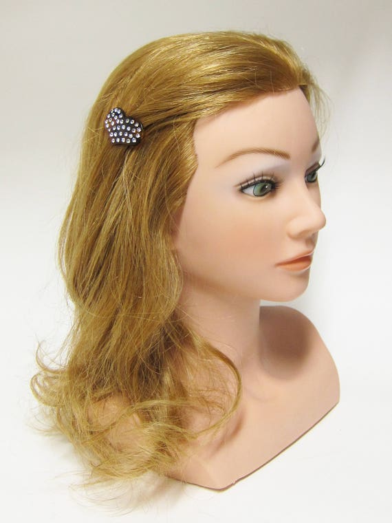 Vintage Tortoise & Crystal Hair Clip Heart shape Made In France 1980 main image 2